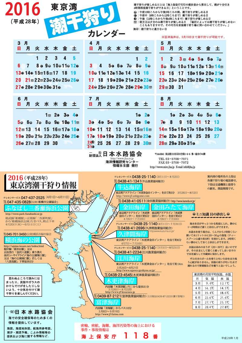 16年 東京湾潮干狩りカレンダー 3月 8月 日本水路協会
